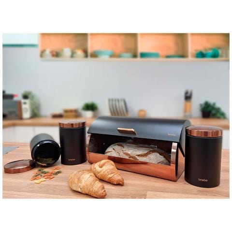 Bb1161 Set Di Portapane + 3 Barattoli Da Cucina Acciaio Inox Design Moderno, Coperchio Nero Opaco /oro Rosa - Foto 2