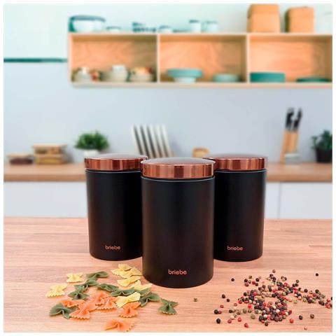 Bb1161 Set Di Portapane + 3 Barattoli Da Cucina Acciaio Inox Design Moderno, Coperchio Nero Opaco /oro Rosa - Foto 6