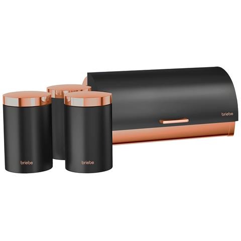 Bb1161 Set Di Portapane + 3 Barattoli Da Cucina Acciaio Inox Design Moderno, Coperchio Nero Opaco /oro Rosa - Foto 1