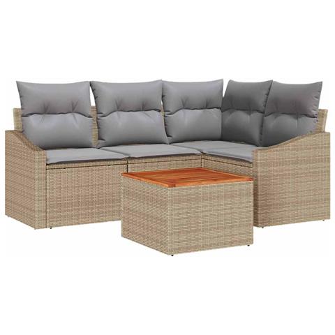 Set Divano da Giardino da 5 Pezzi con Cuscini Beige Rattan Sintetico Acacia - Foto 1