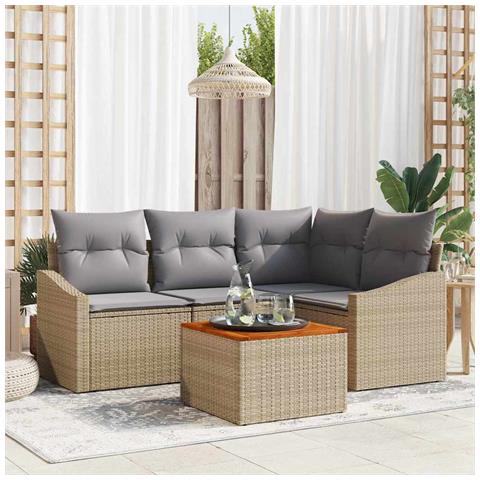 Set Divano da Giardino da 5 Pezzi con Cuscini Beige Rattan Sintetico Acacia - Foto 2