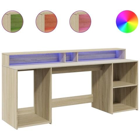 Scrivania con Luci LED Rovere Sonoma 200x55x91cm in Truciolato - Foto 1