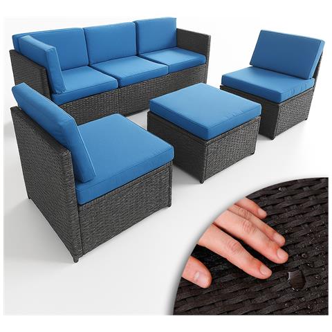 Set 4 Pezzi Salotto Per Esterni Giardino In Polyrattan Anti Uv Con Cuscini Blu - Foto 1