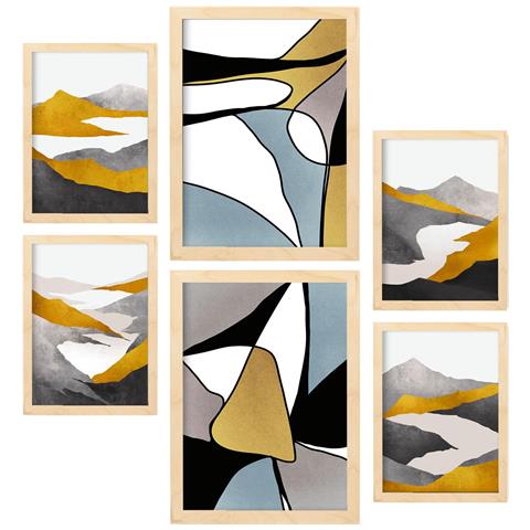 Set Di 6 Stampe Genere Natura 1 In Paesaggi Astratti Dipinti Decorativi Estetici Per Il Tuo Soggiorno A Casa A3 & A4 Telaio In Legno Chiaro - Foto 1