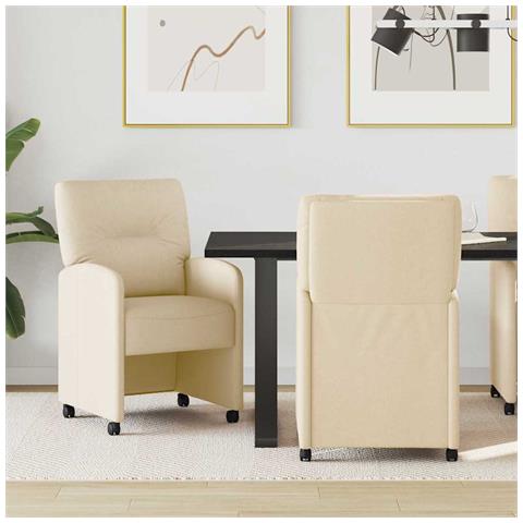 Sedie da Pranzo con Ruote 2 pcs Crema 57 x 67 x 95 cm Tessuto - Foto 2