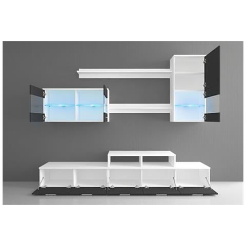 Mobile Soggiorno - Parete Da Soggiorno Moderno Con Led, Bianco Mate E Bianco Laccato, Dimensioni: 250 X 194 X 42 Cm Di Profondità. - Foto 2