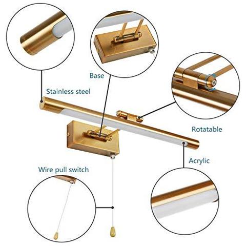 Riparo Della Parete Di Illuminazione 8w Specchio Del Bagno Della Luce Led Delle Immagini Con Girevole Lampada Frontale Pull Interruttore Per Camera Da Letto 3000k Hotel Restaurant Comodini Lampade Fixtures Luci (560lm Ottone 40 Cm)  - Foto 4