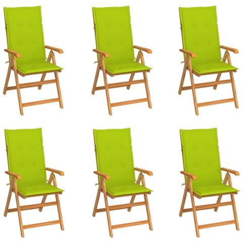 Sedie da Giardino 6 pz e Cuscini Verde Brillante Massello Teak - Foto 1