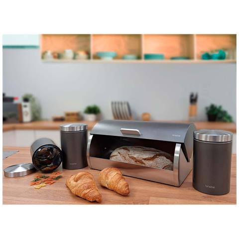 Bb1161 Set Di Portapane + 3 Barattoli Da Cucina Acciaio Inox Design Moderno, Coperchio Grigio /inox - Foto 2