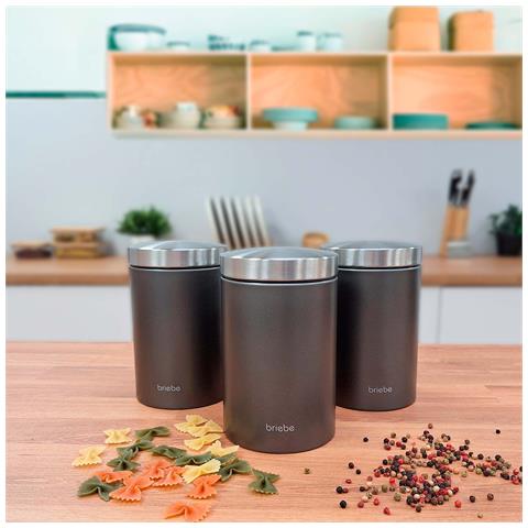 Bb1161 Set Di Portapane + 3 Barattoli Da Cucina Acciaio Inox Design Moderno, Coperchio Grigio /inox - Foto 6