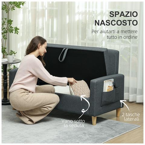 Divano 2 Posti con Spazio Portaoggetti e Cuscini, in Tessuto Effetto Lino e Legno, 135x72x84 cm, Grigio Carbone - Foto 2