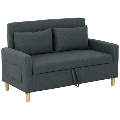 Divano 2 Posti con Spazio Portaoggetti e Cuscini, in Tessuto Effetto Lino e Legno, 135x72x84 cm, Grigio Carbone - Foto 1