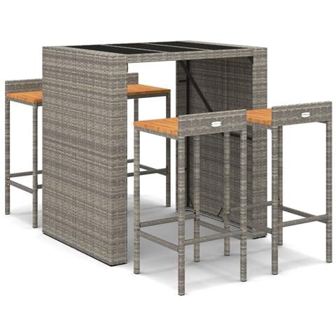 Set Bar Giardino 5pz Grigio Polyrattan E Legno Massello Acacia - Foto 2