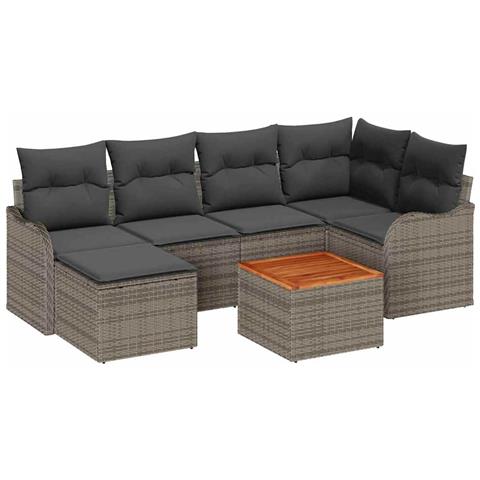 Set di divani da giardino a 7 pezzi con cuscini grigio polyrattan acacia, Divano da giardino per 2 persone con cuscini grigio polyrattan - Foto 1