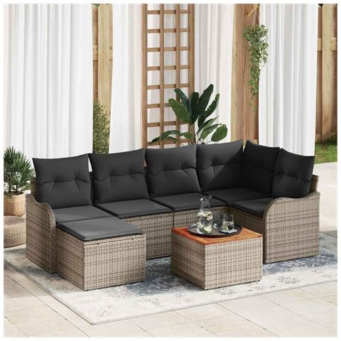 Set di divani da giardino a 7 pezzi con cuscini grigio polyrattan acacia, Divano da giardino per 2 persone con cuscini grigio polyrattan - Foto 2