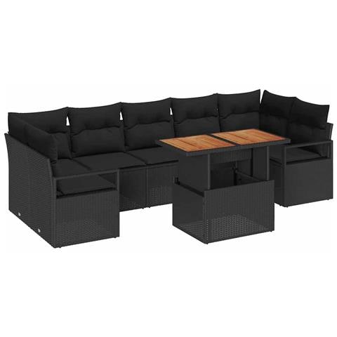 Set Divani Giardino  8 Pezzi con Cuscini Nero Polyrattan Acacia, Divano Giardino  2 Posti con Cuscini Nero Polyrattan - Foto 1