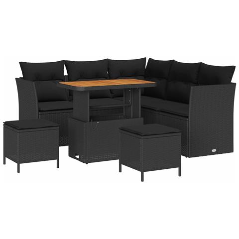 Set divano giardino 8 pezzi con cuscini in rattan nero e acacia,  Set pranzo giardino 3 pezzi con cuscini in rattan nero e acacia - Foto 1