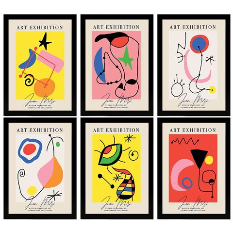 Set Di 6 Stampe Illustrazioni Artistiche Di Joan Miró Collezione Di Dipinti Decorativi Nella Galleria D'arte Del Famoso A3 Cornice Nera - Foto 1