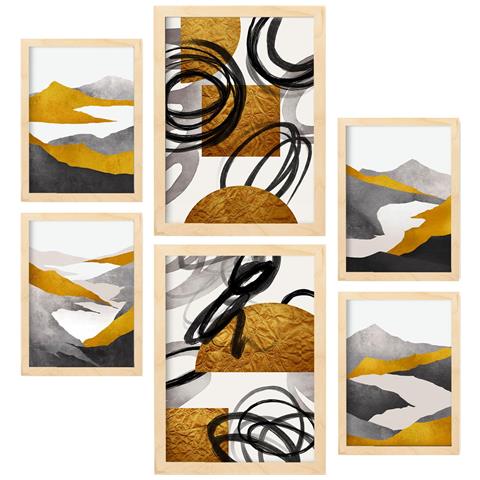 Set Di 6 Stampe Genere Natura 2 In Paesaggi Astratti Dipinti Decorativi Estetici Per Il Tuo Soggiorno Di Casa A3 & A4 Telaio In Legno Chiaro - Foto 1