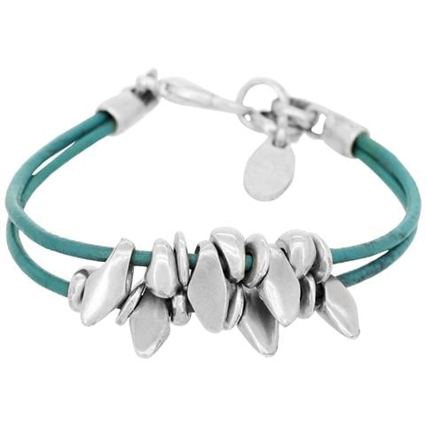 Bracciale In Pelle Placcata Turchese Con Due File Di Perle Multiple - Foto 1