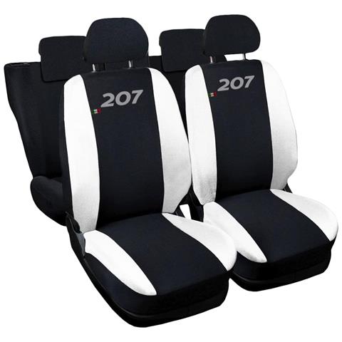 Coprisedili Auto Compatibili Per 207, Made In Italy, Set Di Copri Sedili Anteriori E Posteriori Con Copri Poggiatesta Incluso, Tessuto Poliestere, Colore - Nero \bianco - Foto 1