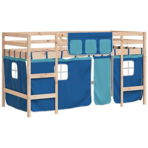 Letto A Soppalco Con Tende Bambini Blu 80x200 Cm Massello Pino - Foto 1