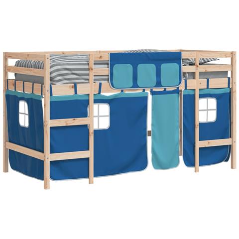 Letto A Soppalco Con Tende Bambini Blu 80x200 Cm Massello Pino - Foto 10