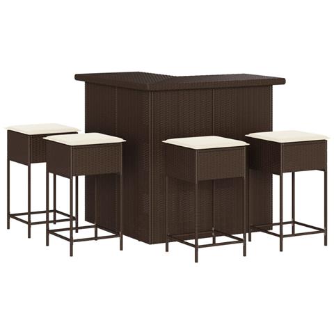 Set Bar Da Giardino 5 Pz Con Cuscini In Polyrattan Marrone - Foto 1