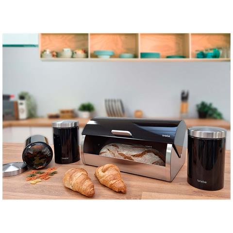 Bb1161 Set Di Portapane + 3 Barattoli Da Cucina Acciaio Inox Design Moderno, Coperchio Nero /inox - Foto 2