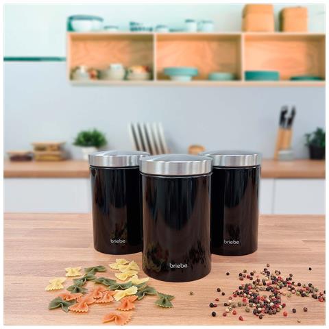 Bb1161 Set Di Portapane + 3 Barattoli Da Cucina Acciaio Inox Design Moderno, Coperchio Nero /inox - Foto 6