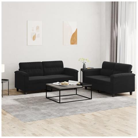 Set Divani 2 Pz Con Cuscini Nero In Tessuto Microfibra - Foto 1
