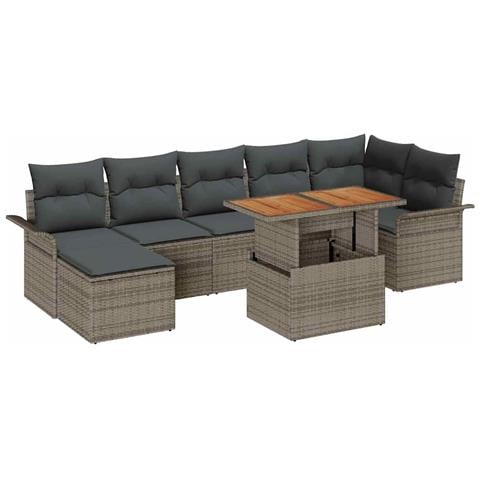 Set da Pranzo da Giardino in 8 Pezzi con Cuscini Grigio Polyrattan Acacia - Foto 1