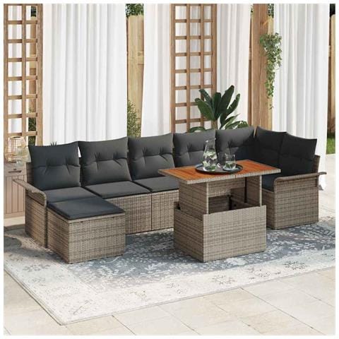 Set da Pranzo da Giardino in 8 Pezzi con Cuscini Grigio Polyrattan Acacia - Foto 2