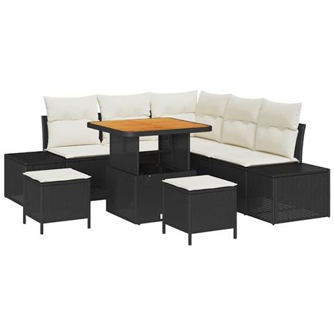 Set divani giardino  8 pezzi con cuscini Nero Polyrattan Acacia, Divano giardino 2 posti  con cuscini Nero Polyrattan, Set pranzo giardino 3 pezzi con cuscini Nero Polyrattan Acacia - Foto 1