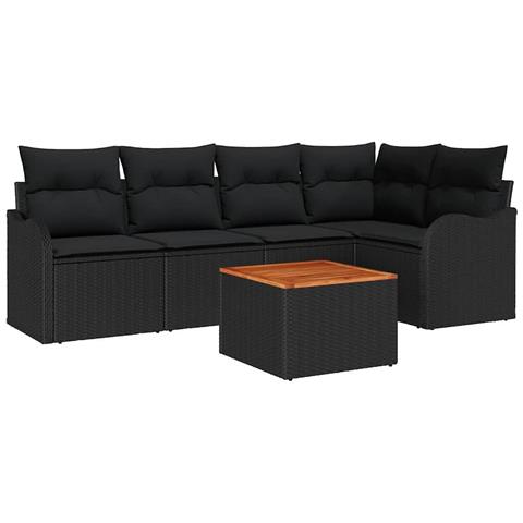Set Divano da Giardino  in 6 Pezzi con Cuscini in Rattan Polimerico Nero e Acacia, Divano da Giardino  2 Posti con Stoccaggio e Cuscini in Rattan Polimerico Nero - Foto 1