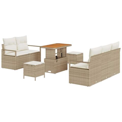 Set divano giardino 8 pezzi con cuscini in rattan polyrattan beige, Divano giardino 2 posti con cuscini in rattan polyrattan beige, Set pranzo giardino 3 pezzi con cuscini in rattan polyrattan beige - Foto 1