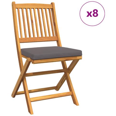 Sedia da giardino pieghevole con cuscino grigio 8 pezzi in legno massello di acacia - Foto 1