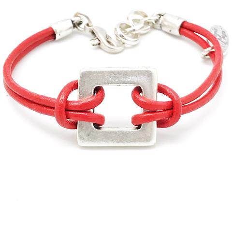 Bracciale In Pelle Rossa E Quadrato Placcato Argento. - Foto 1
