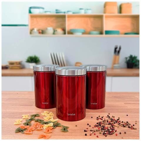 Bb1161 Set Di Portapane + 3 Barattoli Da Cucina Acciaio Inox Design Moderno, Coperchio Rosso / Acciaio Inossidabile - Foto 6