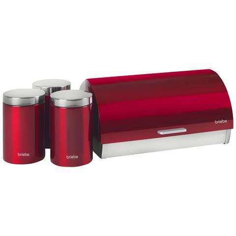 Bb1161 Set Di Portapane + 3 Barattoli Da Cucina Acciaio Inox Design Moderno, Coperchio Rosso / Acciaio Inossidabile - Foto 1