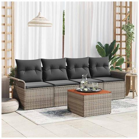 Set divano da giardino da 5 pezzi con cuscini grigi in rattan sintetico e acacia,  Divano da giardino per 2 persone con spazio di stoccaggio & cuscini grigi in rattan sintetico - Foto 2