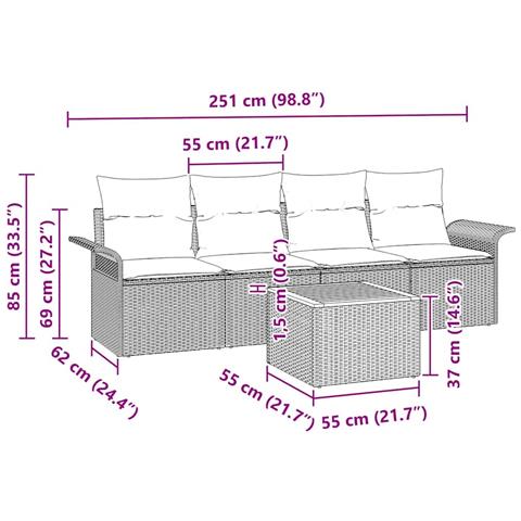 Set divano da giardino da 5 pezzi con cuscini grigi in rattan sintetico e acacia,  Divano da giardino per 2 persone con spazio di stoccaggio & cuscini grigi in rattan sintetico - Foto 9