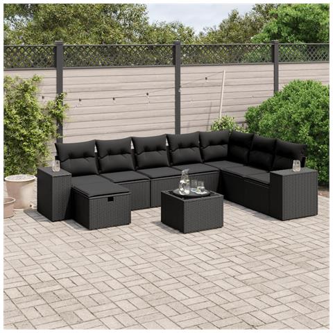 Set Divani da Giardino 9 pz con Cuscini Nero in Polyrattan - Foto 2