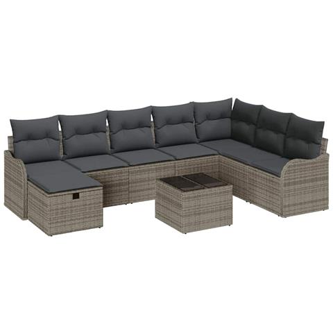 Set Divano da Giardino con cuscino 9 pcs Grigio Poly Rattan - Foto 1