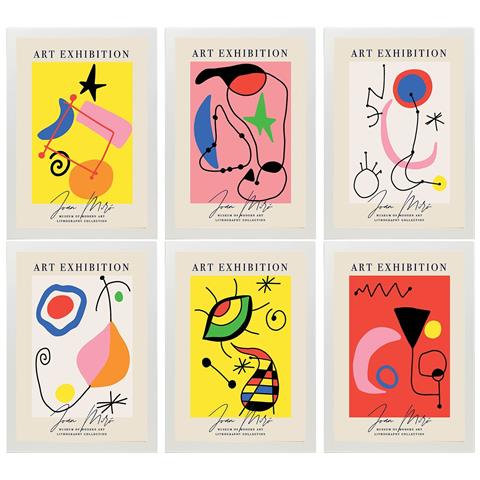 Set Di 6 Stampe Illustrazioni Artistiche Di Joan Miró Collezione Di Dipinti Decorativi Nella Galleria D'arte Della Famosa Cornice Bianca A3 Cornice Bianca - Foto 1