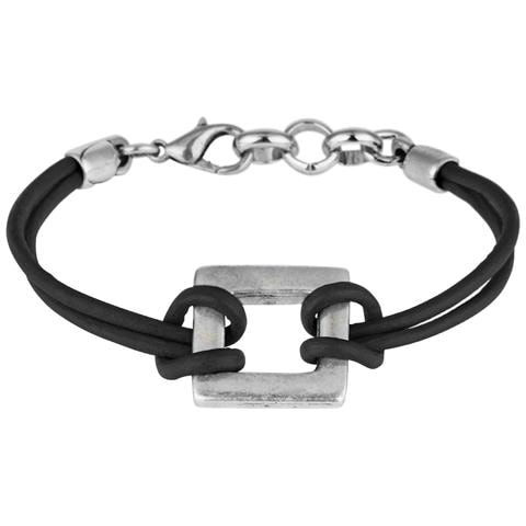 Bracciale In Pelle Nera Con Quadrato Placcato Argento. - Foto 1