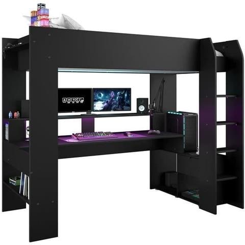 Letto Per Bambini Combinato A Soppalco Led Gamer Online - 90 X 200 Cm - Nero Opaco - Rete Inclusa - Foto 1
