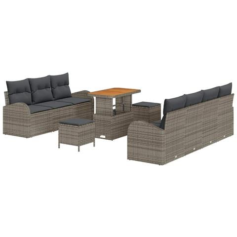 Set di Divani da Giardino 10 Pezzi con Cuscini Grigio Polyrattan Acacia,  Divano da Giardino 2 Posti con Ripostiglio e Cuscini Grigio Polyrattan,  Set da Pranzo da Giardino 3 Pezzi con Cuscini Grigio Polyrattan Acacia - Foto 1