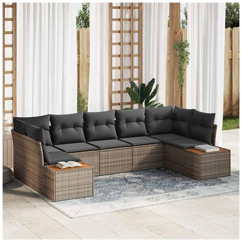 Set di divani da giardino a 7 pezzi con cuscini Grigio Rattan Acacia - Foto 2
