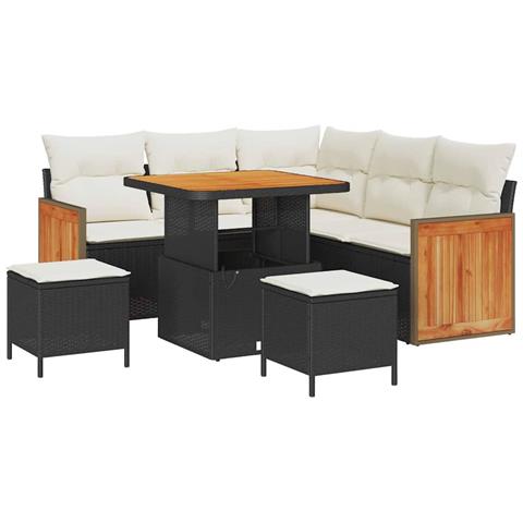 Set Divani Giardino 8 Pezzi con Cuscini Nero Polyrattan Acacia, Set Pranzo Giardino 3 Pezzi con Cuscini Nero Polyrattan Acacia - Foto 1